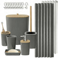 Bathroom Accessory Set 7 Pcs, Plastic Bathroom Set with Bamboo Cover Include Soap Dish, Toothbrush Holder, Mousewash Cup, Shower Curtain Set, Soap Dispenser, Trash Can & Toilet Brush - color: Grey, size: 7pack