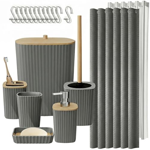 Bathroom Accessory Set 7 Pcs, Plastic Bathroom Set with Bamboo Cover Include Soap Dish, Toothbrush Holder, Mousewash Cup, Shower Curtain Set, Soap Dispenser, Trash Can & Toilet Brush - color: Grey, size: 7pack