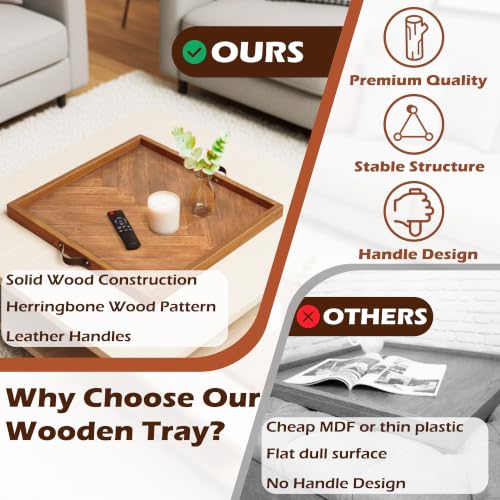 Large Square Ottoman Tray 24.5"x24.5", Wooden Ottoman Trays with Leather Handles, Rustic Decorative Storage Tray for Ottoman - size: 24.5" x 24.5" x 1.5"