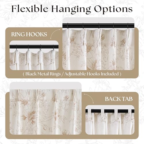 Floral Linen Curtains 120 Inches Long 2 Panels Set Extra Long Country Farmhouse Neutral Boho Pinch Pleated Peony Flower Patterned Curtain for Living Dining Room Back Tab Pleated Leaf Printed Drapes - color: Coffee, size: 40"W x 120"L (Pack of 2)