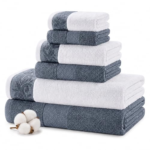 Modern Threads 600 GSM 6-Piece Towel Set with Filgree Jacquard Border Blue - color: Blue, style: Jacquard Border