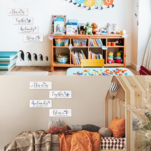 4 Pcs Family Wall Decor Wooden Sign, Blue Butterfly Bedroom Decor, The Is Us Wooden Hanging Sign, Inspirational Wall Art For Home Farmhouse Kitchen Living Room Bathroom Decorations, A33 - color: Butterfly Family