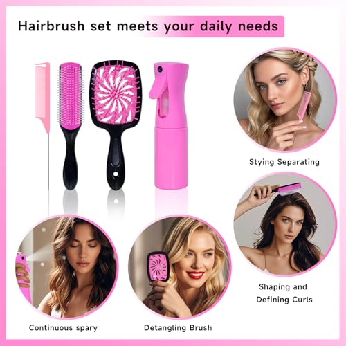 11 Pcs Hair Brush Set, Detangle Hair Brush And Spray Bottle, 3 Pieces Smooth Hairbrush For Toddlers, Suitable For Wet and Dry Hairstyles, Suitable For Adults And Children. (Pink) - color: Pink