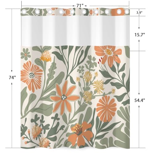 Floral No Hook Shower Curtain and Liner Set 71 x 74 Inch | Boho Sage Green and Orange Flower, Waterproof Bath Curtain for Modern and Matisse Bathroom, Hotel Decor, Breathable Mesh Top - color: Green and Orange