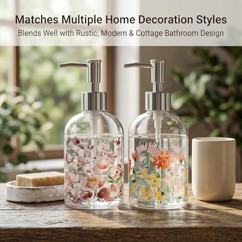 Topadorn Glass Soap Dispenser Set of 2, 17oz Refillable Hand & Dish Soap Dispensers with Pump, Floral Kitchen Soap Bottles with Enjoy the Day Design for Bathroom Counter - color: Soft Pink Flower