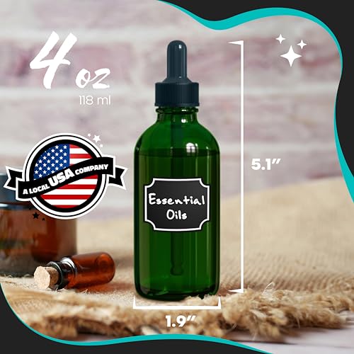 Nevlers Green Glass Dropper Bottle 4 Oz 24 PK| Glass Eye Dropper Bottle Set | with Funnel, Brush, Marker, Labels & Shrink Wrap | Eye Droppers for Medicine | Oil Bottles for Hair & Droppers for Oils - color: Green