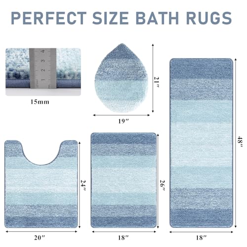 Bsmathom Bathroom Rug Set Bath Rugs Microfiber Non Slip Bathroom Set 4 Piece with Toilet Cover, Washable Absorbent Bath Mat, Dusty Blue - color: Dusty Blue, size: 18"x26"+18"x48"+U20"x24"+Cover19"x21"