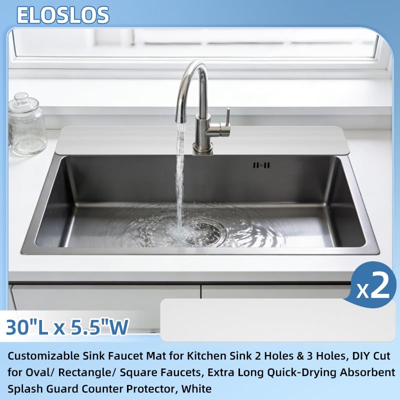 2Pcs 30" L x 5.5" W Customizable Sink Faucet Mat for Kitchen Sink 2 Holes & 3 Holes, DIY Cut for Oval/Rectangle/Square Faucets, Extra Long Quick-Drying Absorbent Splash Guard Counter Protector, White - style: 2 Pcs White