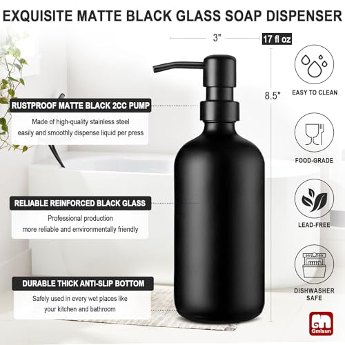 GMISUN Black Soap Dispenser, 1 Pack Matte Black Bathroom Hand Soap Dispensers, 17 Fl Oz Dish Soap Dispenser for Kitchen with Rustproof Stainless Steel Pump, Modern Liquid Dishwashing Dispensers Bottle - color: Black Bottle + Black Pump, size: 1 Pack