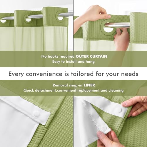 Mrs Awesome No Hook Shower Curtain with Snap-in Liner, Embossed Waffle Design Fabric Shower Curtain for Bathroom, Soft & Lightweight, 71x74, Sage Green - color: Sage Green, size: 71"W x 74"L (Pack of 1)