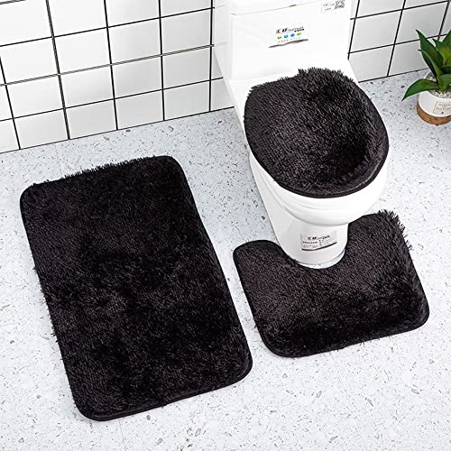 Soft Bathroom Carpet 3 Piece Bathroom Rugs and Mats Set Bath Mats Set with U-Shaped Toilet Floor Mat Rugs andToilet Lid Cover Mat (Black) - color: Black