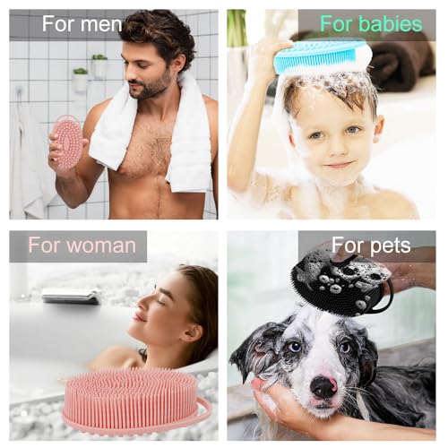 3 Pack Silicone Body Scrubber, Silicone Loofah Soft Exfoliating Body Scrubber, Silicones Body Brush Bath Shower Scrubber for Body, 2 in 1 Bath and Shampoo Wash Brush for Skin Exfoliation Men Women - size: With Handle Black+Pink+Blue