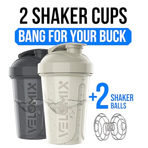 VELOMIX -2 Pack- 20 oz Protein Shaker Bottles for Protein Mixes - 2x Wire Whisk | Leak Proof Shaker Cups for Protein Shakes and Pre Workout | Protein Shaker Bottle Pack (B6) Gray/White - color: B6) Gray / White