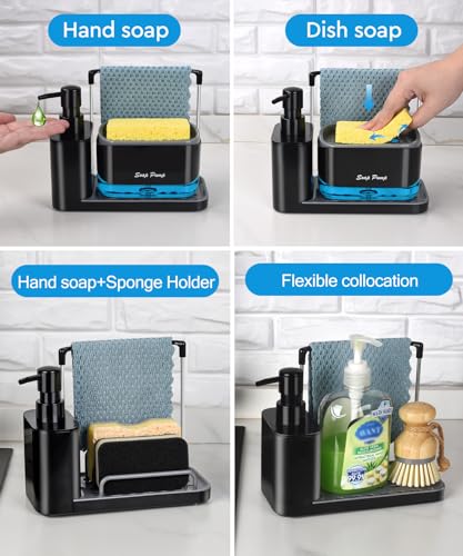Hand and Dish Soap Dispenser Set with Tray, Dual Soap Dispenser with Sponge Holder and Dishcloth Holder 5-in-1 Organizer for Kitchen Sink Countertop Storage Organize - Useful Kitchen Gadgets (Black) - color: Black