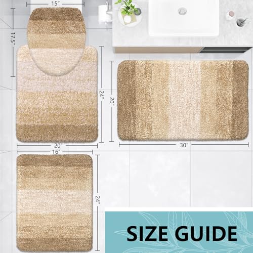Arotive Microfiber Bathroom Rugs Sets 4 Piece, Extra Soft Absorbent Bath Mats, Machine Wash Dry U-Shaped Contour Rug and Toilet Lid Cover for Bath Tub, Toilet and Shower, Camel - color: Camel, size: 30" X 20" + 24" X 16" + 24" X 20" + 17.5" X 15"