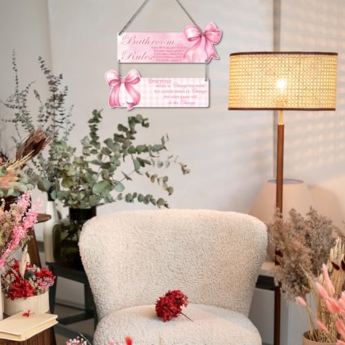 Bow Bathroom Decor, Pink Bow Decor, 2-Piece Set of Fun Bathroom Signs, Suitable for Teen Bedrooms and Teen Girls Bedrooms, Rustic Style Wooden Signs, Gifts for Daughters and Besties
