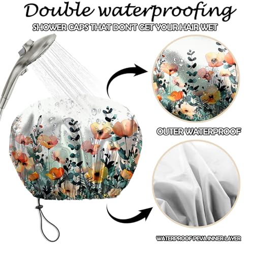 2 PCS Shower Cap Reusable Waterproof Adjustable Double Layer Elastic Dry Hair Bathing Caps Aesthetic Cute for Women Girls-Flower - color: H-9-Flowers