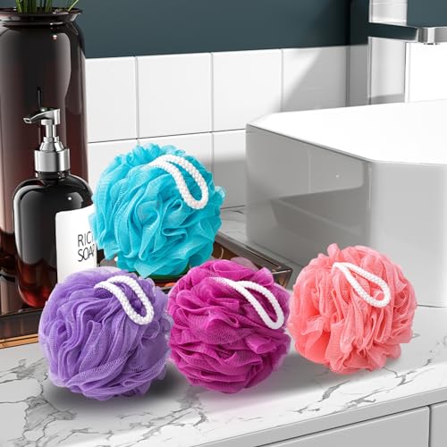 MTDLYICE Loofah for Women 75g 4 Pack, Bath Sponge Soft Mesh Shower Puff Loofah Sponge, Exfoliating Body Scrubber, lufas for Women, Shower Accessories (Purple Red Pink Blue) - style: 75g Vivacity