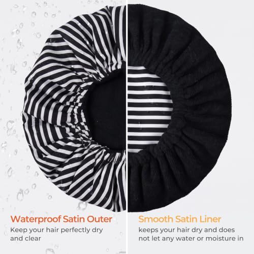 Shower Cap for Women Terry Lined Bath Cap Large Reusable Waterproof Elastic Black Stripes Shower Caps for Long Thick Hair Soft Bath Shower Hair Caps - color: Black Stripe