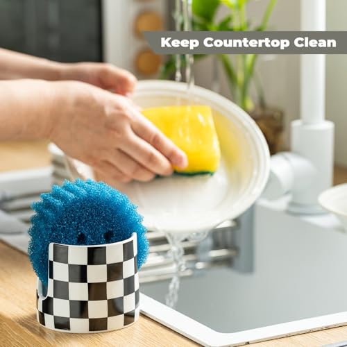 Zoeeker Checkered Kitchen Sink Sponge Holder, Dish Sponge Rack Ceramic Brush Holder Farmhouse Kitchen Drying Rack for Brush, Scrubbers, Bathroom, Sink, Black and White - color: Black and White, size: Cylindrical