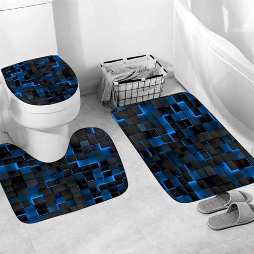 LQCOOL 4 Pcs Blue Shower Curtain Set with Rugs, 3D Cubes Modern Bathroom Set, Black Blue Polyester Shower Curtains for Bathroom with 12 Hooks, Toilet Lid Cover & U-Shaped Mat - color: Black Blue