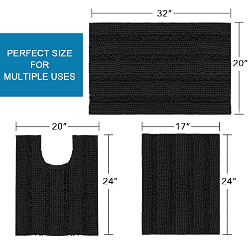 H.VERSAILTEX 3 Piece Bathroom Rugs Sets Thick Striped Bath Rugs Set for Bathroom Non Slip Soft Absorbent Bath Mat Set for Tub, Shower and Toilet(17''x24''+20''x32''+20''x24'' U-Shaped, Jet Black) - color: Jet Black