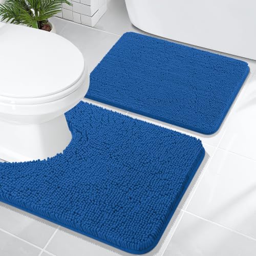 OLANLY Bathroom Rugs Sets 2 Piece, Soft Absorbent Chenille Bath Mats and U-Shaped Contour Toilet Rug Set, Machine Washable Bath Carpet, Home Decor Accessories(24"x16"+24"x20", Deep Navy Blue) - color: Deep Navy Blue, size: 24" X 16" + U24" X 20"