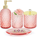 Haturi Pink Bathroom Accessories Set, 4 Pcs Glass Bathroom Accessory Set Complete w/Soap Dispenser, Toothbrush Holder, Qtip Holder, Vanity Tray, Gold Bathroom Set Decor, Gift for Girl Home Apartment - style: Light Pink