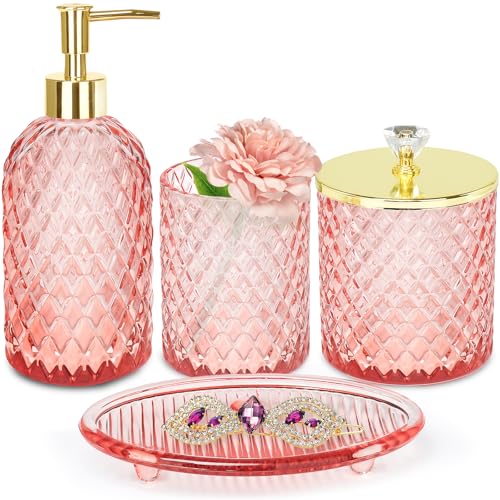 Haturi Pink Bathroom Accessories Set, 4 Pcs Glass Bathroom Accessory Set Complete w/Soap Dispenser, Toothbrush Holder, Qtip Holder, Vanity Tray, Gold Bathroom Set Decor, Gift for Girl Home Apartment - style: Light Pink