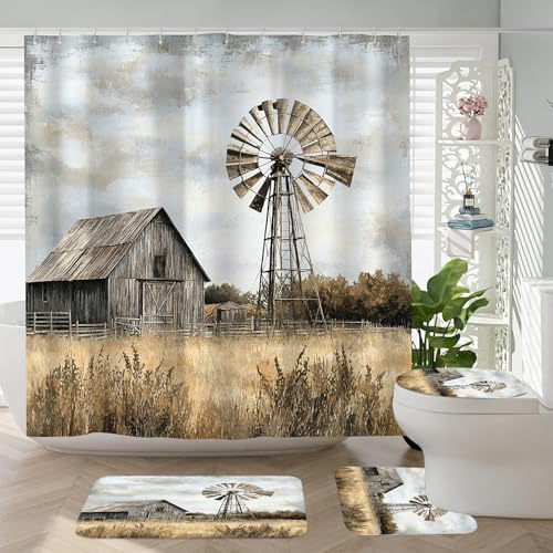 4PCS Rustic Barn Windmill Shower Curtain Set, Western Farm Barn Farmhouse Bathroom Accessories with Non-Slip Rugs, Toilet Lid Cover Bath Mat and 12 Hooks, Home Decor 72" x 72" - color: Grey