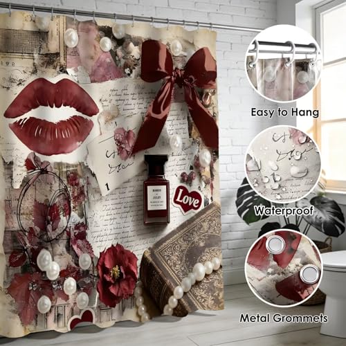 DDQQ 4Pcs Sexy Lip Shower Curtain Set Women Pearl Bow Bathroom Decor Set, Fashion Red Flower Perfume Bathroom Curtains Shower Set with Rugs, Girly Shower Curtain with 12 Hooks - color: Burgundy