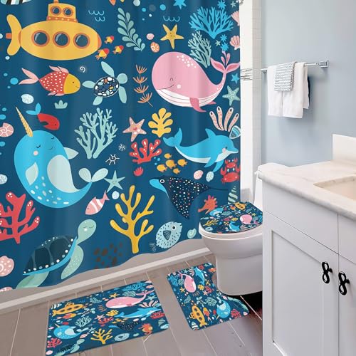 4 PCS Navy Blue Kids Bathroom Set Summer Ocean 72Wx72H Shower Curtain Set, Bath Rug Toilet Lid Cover Nonslip U Shape Mat Whale Funny Cartoon Cute Aniaml Accessories 12 Hooks Bathroom Decor - color: A 02 Navy, size: 72"W x 72"L (Pack of 4)