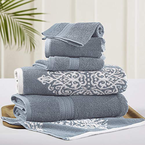 Modern Threads 6 Piece Reversible Yarn Dyed Jacquard Towel Set Artesia Damask Sterling Blue - color: Sterling Blue
