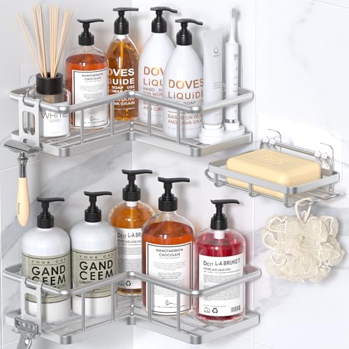 YASONIC Corner Shower Caddy Organizer, Self-Adhesive Rustproof Bath Shelves with Soap Holder & 4 Hooks, Large Capacity Shower Storage Rack for Bathroom Organization, (3Pack, Silver) - color: Silver