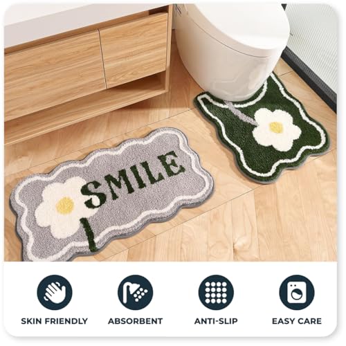 Toilet Bath Rug, U-Shaped Non-Slip Toilet Rug, Flower Rug for Bathroom Floor Soft Plush Microfiber Mat Super Absorbent Washable Bath Shower Mat, 20 x 22 Inches, Green - color: Green