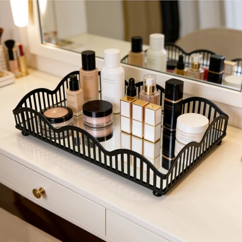 Black Metal Decorative Tray with Mirror Base - Square Multi-Purpose Tray for Bathroom, Living Room, Hallway and Kitchen (8.4"X5.8"X2") - size: 8.4" x 5.8" x 2"