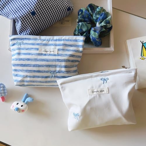 Wudygirl Makeup Bag Travel Cosmetic Bag for Women Small Makeup Pouch with Handle Zipper Cosmetic Pouch Handbag Aesthetic 8.3" x 5.9"(Blue Bow) - color: Blue Bow
