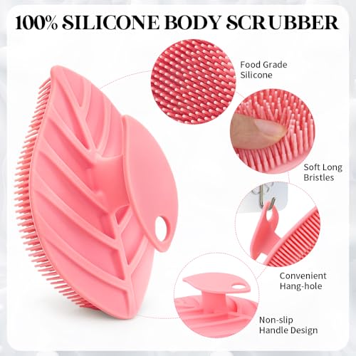 2 Pack Silicone Body Scrubber, Soft Silicone Loofah, Gentle Exfoliating Body Scrubber for Sensitive Skin, Leaf Shaped Shower Scrubbers, Silicone Scrubbers Body Brush for Women Men (Pink & Black) - size: 2 Pack: Pink & Black