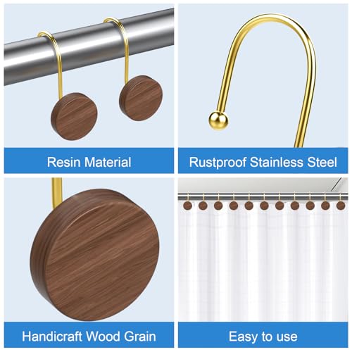 Shower Curtain Hooks, Decorative Shower Curtain Rings for Shower Curtain, Imitation Wood Grain Resin Shower Curtain Hangers, 12PCS Waterptoof Shower Hooks for Bathroom, Bedroom, Plant Hanger (Gold) - color: Gold