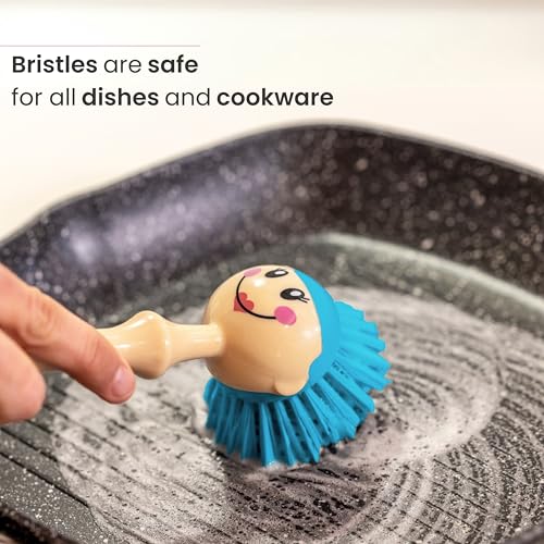 Vigar Dolls Dish Brush with Handle and Holder - Dish Scrubber Brush for Dishes and Pans, Kitchen Scrub Brush, Dishwashing Brush for Kitchen Sink Cleaning, Cute Standing Dish Brush Design - Gray, Blue - color: Gray, Blue