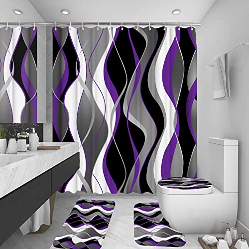 4Pcs Purple Shower Curtain Sets with Non-Slip Rugs, Toilet Lid Cover and Bath Mat, Black and Gray Bathroom Decor Set Accessories Fabric Waterproof Shower Curtains with 12 Hooks, 72 x 72 Inch - color: Purple