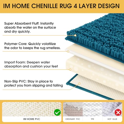 ACCUMTEK Upgrade Extra Large Teal Blue Bathroom Rug Set 3 Pieces Ultra Soft, Thick Absorbent Bath Mats, Non Slip Chenille Toilet Mat for Bathroom, Bedroom, Kitchen - color: Teal Blue, size: 48"x20"+24"x17"+U Shape24"x20"