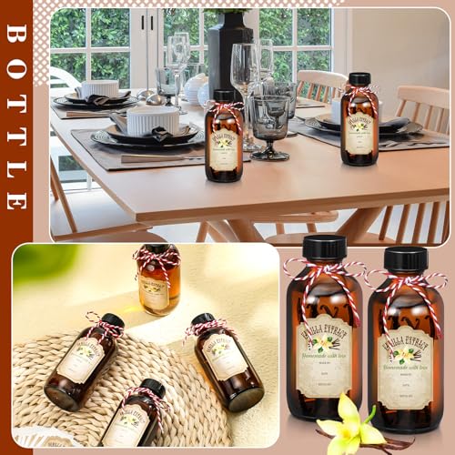 Uiifan 6 Pack Amber Glass Boston Round Bottles with Caps Brown Vanilla Extract Bottles and 6 Pcs Vanilla Extract Stickers for Syrup Gift Glass Food Storage Canister Set Sauce Beans(16 oz) - size: 16 Ounces