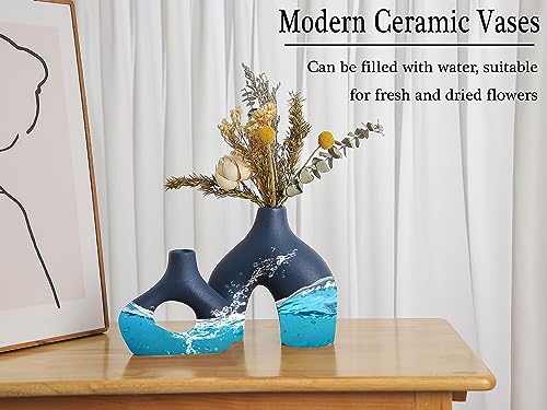 CEMABT Blue Ceramic Vase Set of 2 for Modern Minimalist Bohemian Decor，Round Matte Donut Vases for Pampas Grass-Perfect for Living Room, Dining Table, Office Bedroom Shelf Decor Entryway, Console - color: Blue