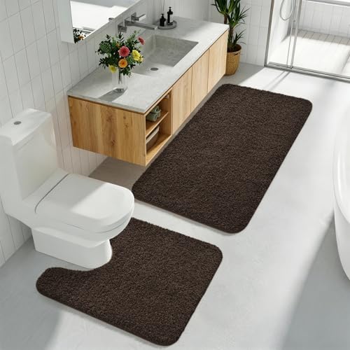 HOMORE Bathroom Rug Set 2 Piece,Soft Absorbent Bath Mats Set,Machine Washable Bath Rug Sets for Bathroom Non Slip,(21"x34"+21"x21") Plush Shaggy U Shape Contour Toilet,Brown - color: Brown