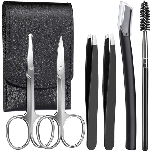 FANDAMEI Eyebrow Scissors, Eyebrow Kit, Eyebrow Tweezers for Women, Eyebrow Razor, Eyebrow Brush. Eyebrow Kit for Men with Leather Case. Eyebrow Scissors for Women Facial Hair Ingrown Hair Removal - color: Black