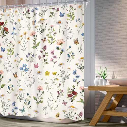 Vintage Floral Shower Curtain 60Wx72L Inch Boho Beige Flowers Colorful Wildflowers Rustic Plants Botanical Herbs Butterfly Girls Bathroom Set Spring Bath Curtain Bathtub Accessories Home Decor - color: D 01 Beige, size: 60"W x 72"L (Pack of 1)