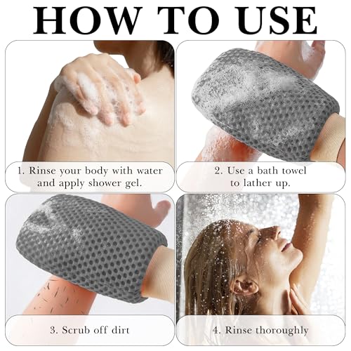 4 Pcs 3D Textured Mesh Soap Bag & Exfoliating Bath Glove Set, Soft Body Scrubber Clean Mitts for Women Men, Shower Bathing Accessories (Grey+Khaki)