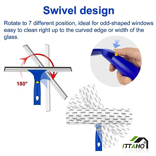 Window Squeegee with Extension Pole, Separate 12" Squeegee & 11" Microfiber Scrubber Heads, Window Cleaning Kit for Hard-to-Reach Windows, Shower Doors, Car Windshields, Indoor Outdoor-2 Pads - color: Blue, size: 12" Squeegee
