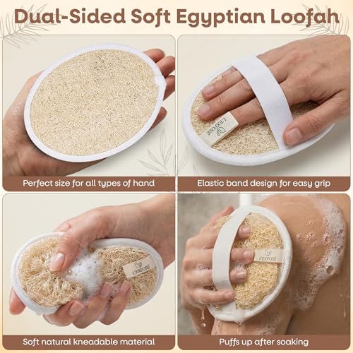 L'Exfose Organic Natural Loofah Body Scrubber for Shower – Dual Sided Egyptian Fiber Plastic Free Loofah – Quick Dry Natural Body Scrubber with Sisal Soap Saver Bag – Minimal Spa Gift for Men Women - color: Natural Cream